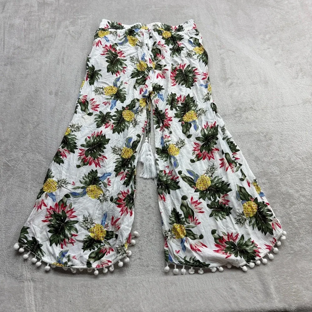 Solitaire Swim Cover Up Pants Women Medium White Tropical Pineapple Pom Pom Slit
